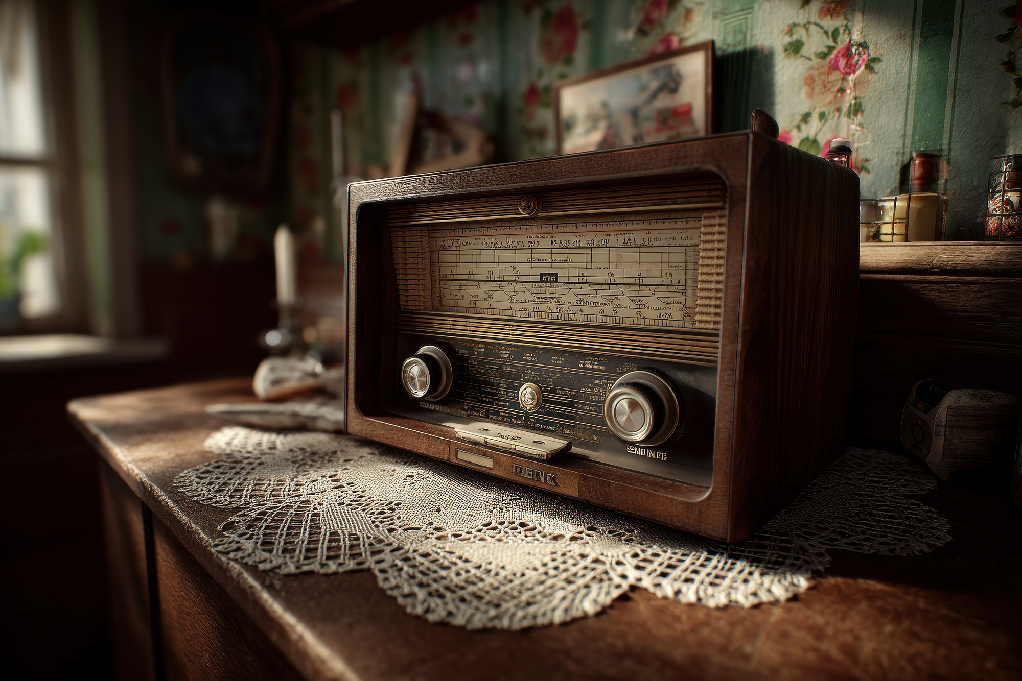 Altes Holzradio mit zwei großen Drehknöpfen auf einer gehäkelten Tischdecke in einer Stube; Symbolfoto für Analogradio